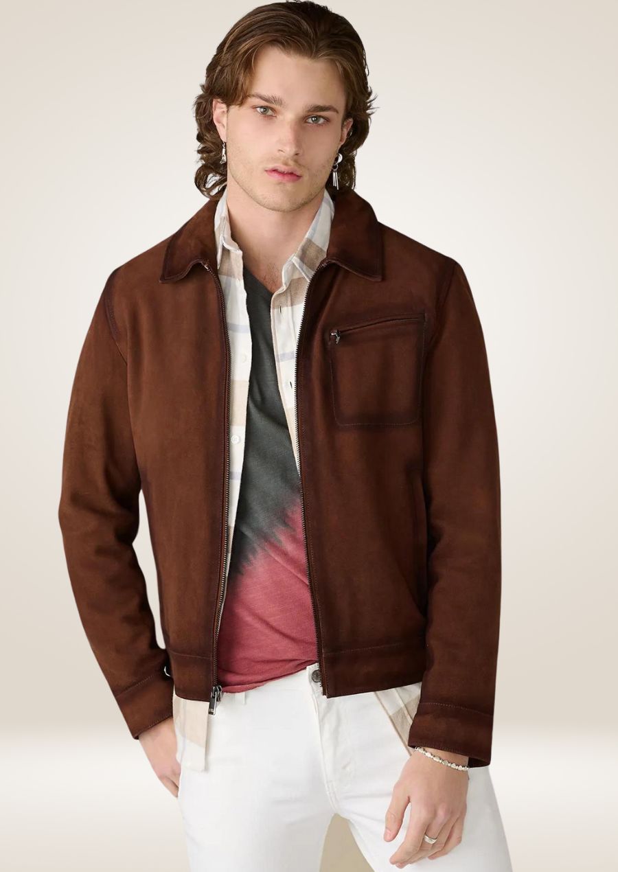 Men’s Chestnut Suede Racer Jacket - Zip Closure