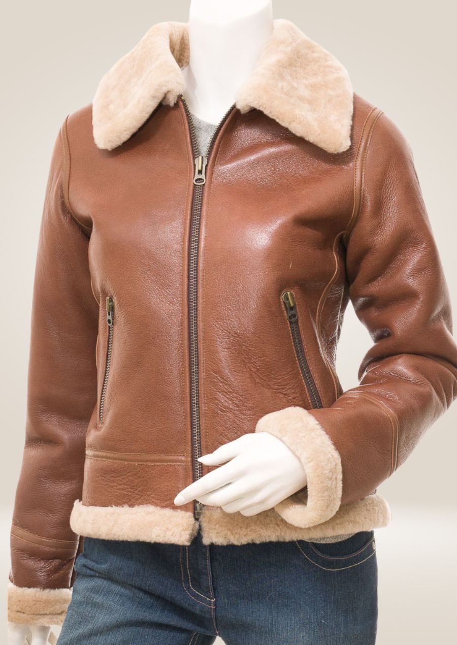 Luxurious Tan Sheepskin Bomber Jacket for Women