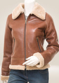 Luxurious Tan Sheepskin Bomber Jacket for Women