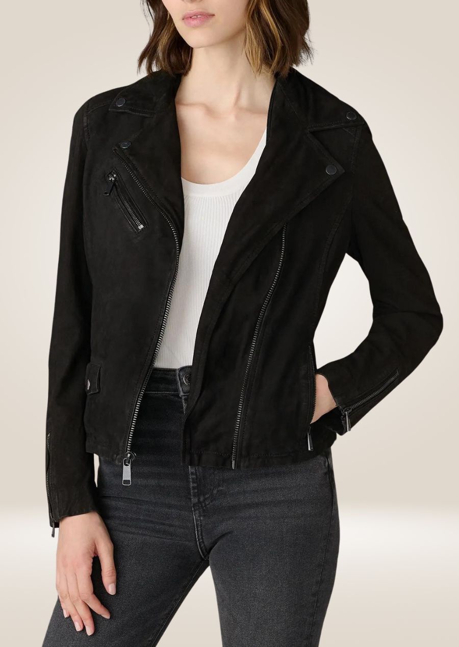 Women’s Black Suede Leather Sleek Moto Jacket