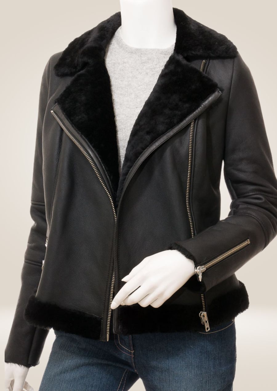 Luxurious Black Shearling Biker Jacket front view