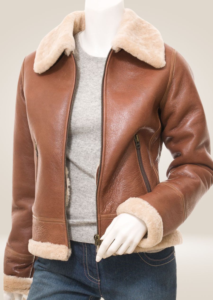 Luxurious Tan Sheepskin Bomber Jacket for Women front