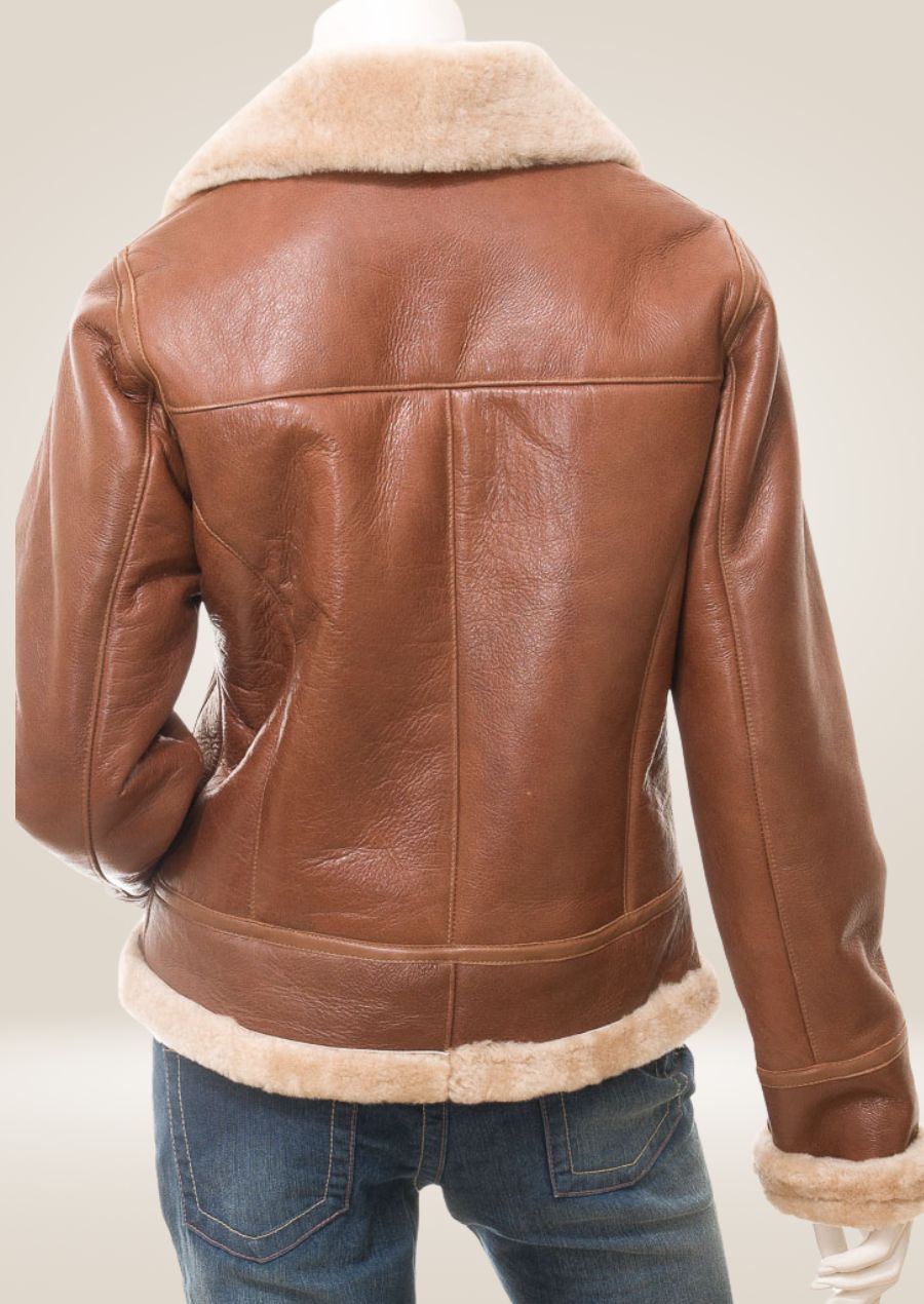 Luxurious Tan Sheepskin Bomber Jacket for Women backside