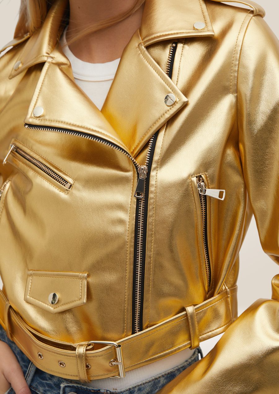 close view of Women’s Metallic Leather Motorbike Jacket