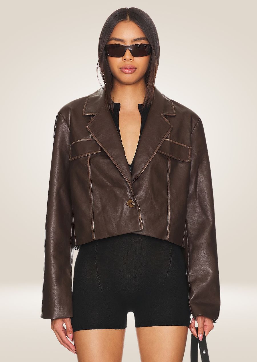 Women’s Brown Short Leather Moto Blazer