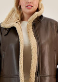 close view of Classic Brown Women's Leather Bomber Jacket with Luxurious Shearling Interior