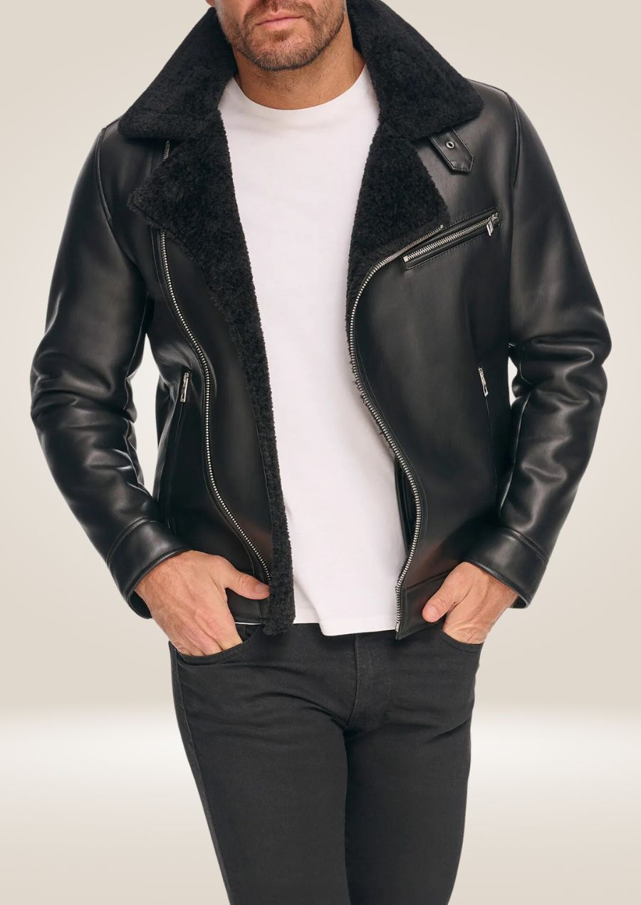 Men’s Black Shearling Bomber Jacket - Faux Fur Lined