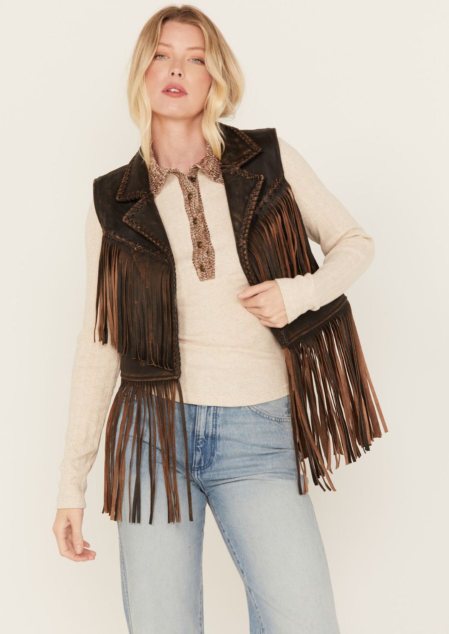 Brown Fringe Leather Moto Vest - Bold Western Style