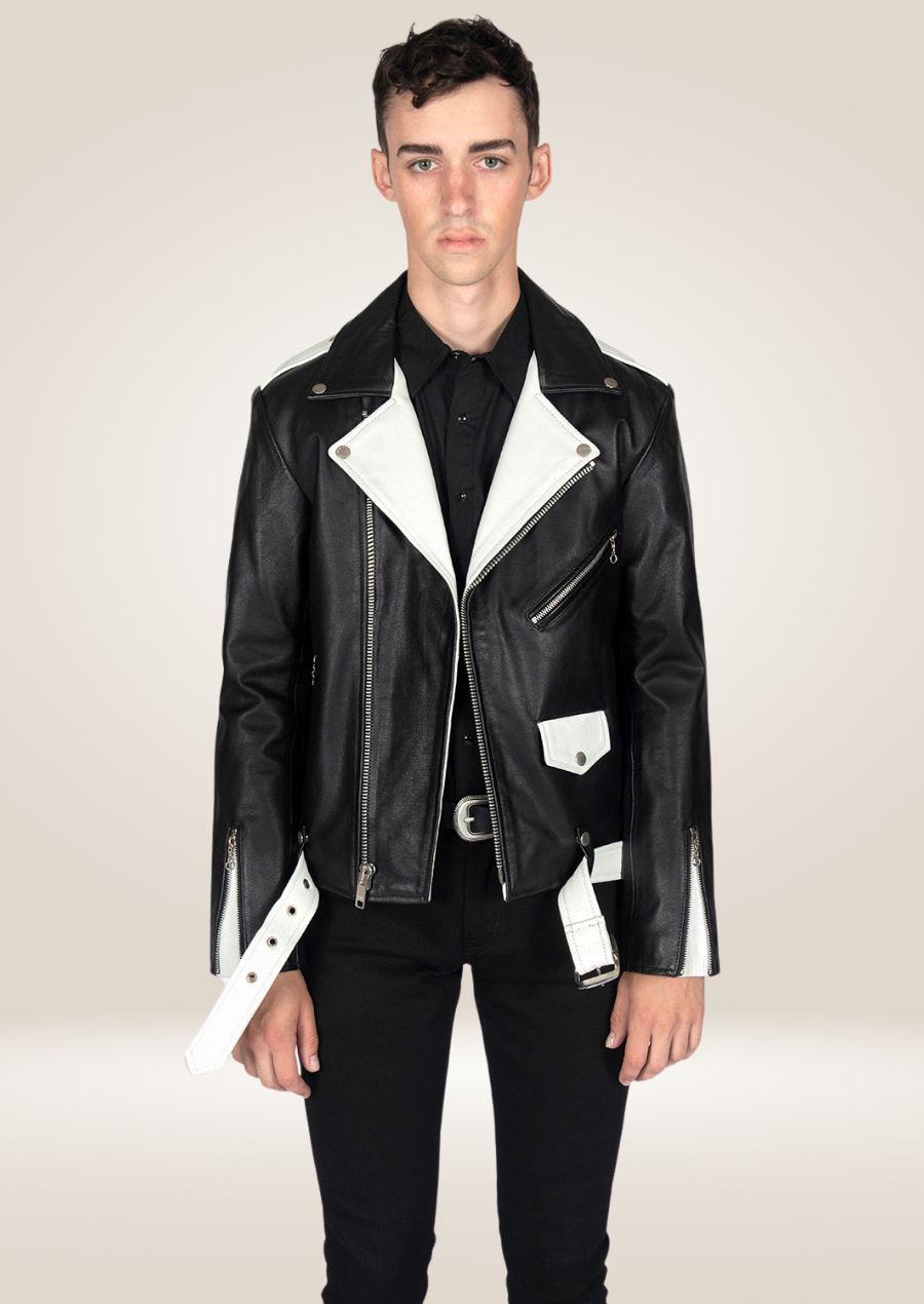 Classic Black & White Leather Biker Jacket