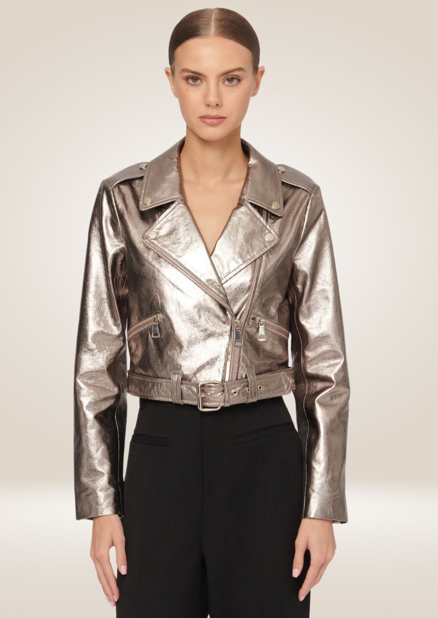 Silver Metallic Leather Motorbike Jacket