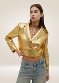 front pose of Metallic Gold Leather Cropped Blazer