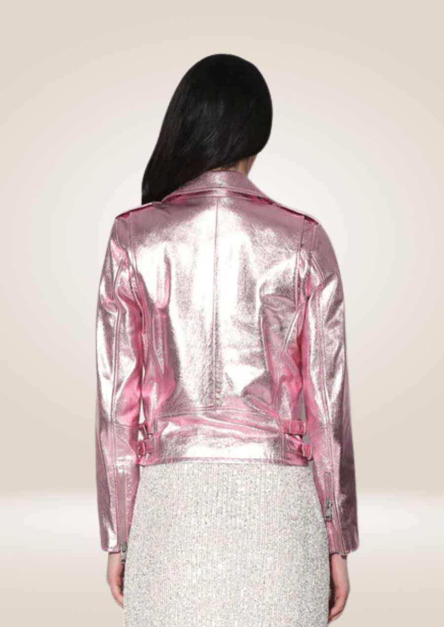 backside of Pink Metallic Leather Jacket