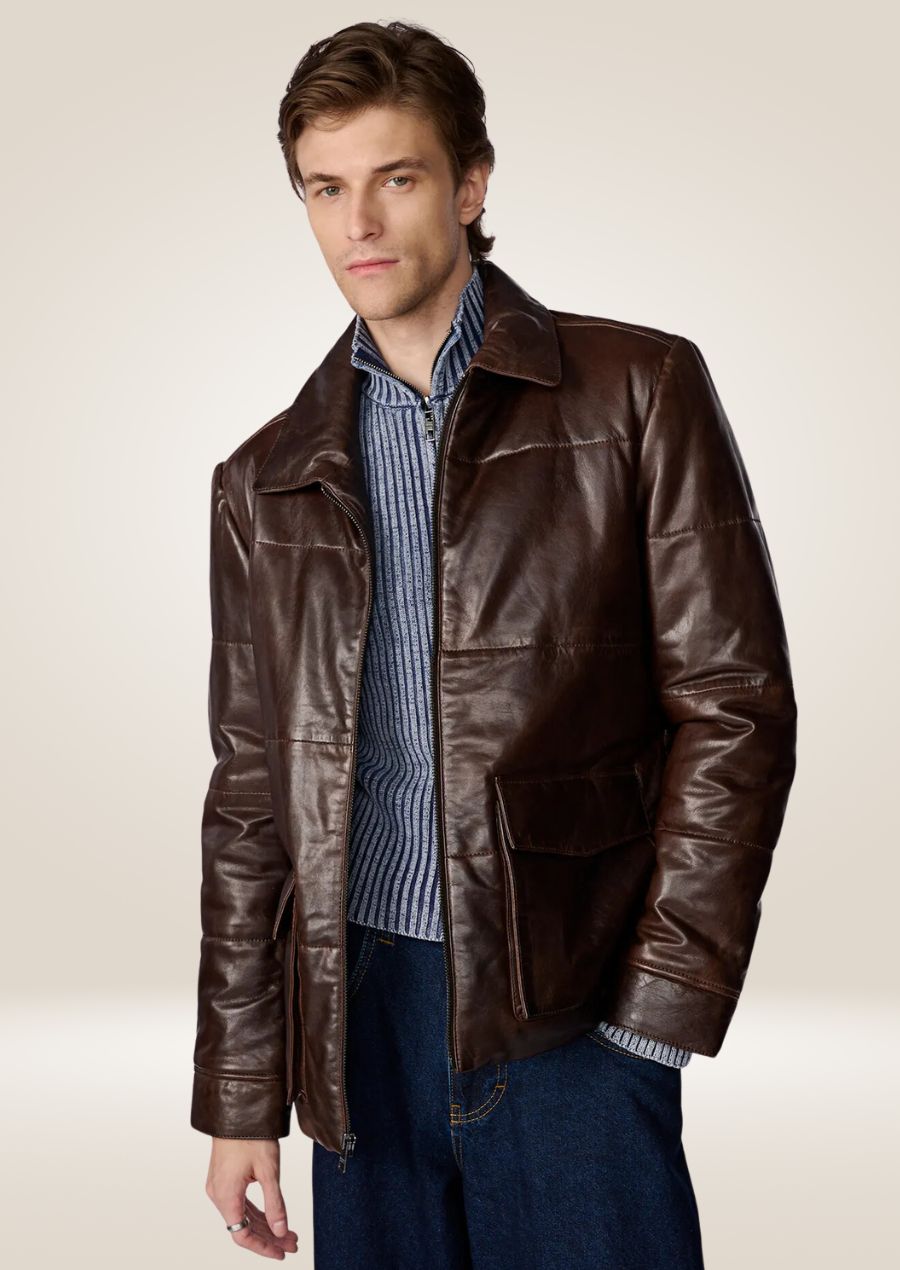 Brown Leather Down Jacket For Men