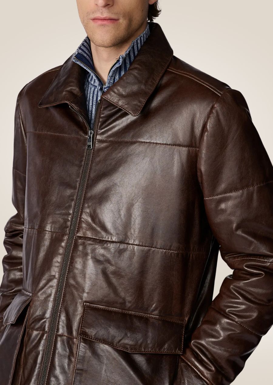 Brown Leather Down Jacket For Men