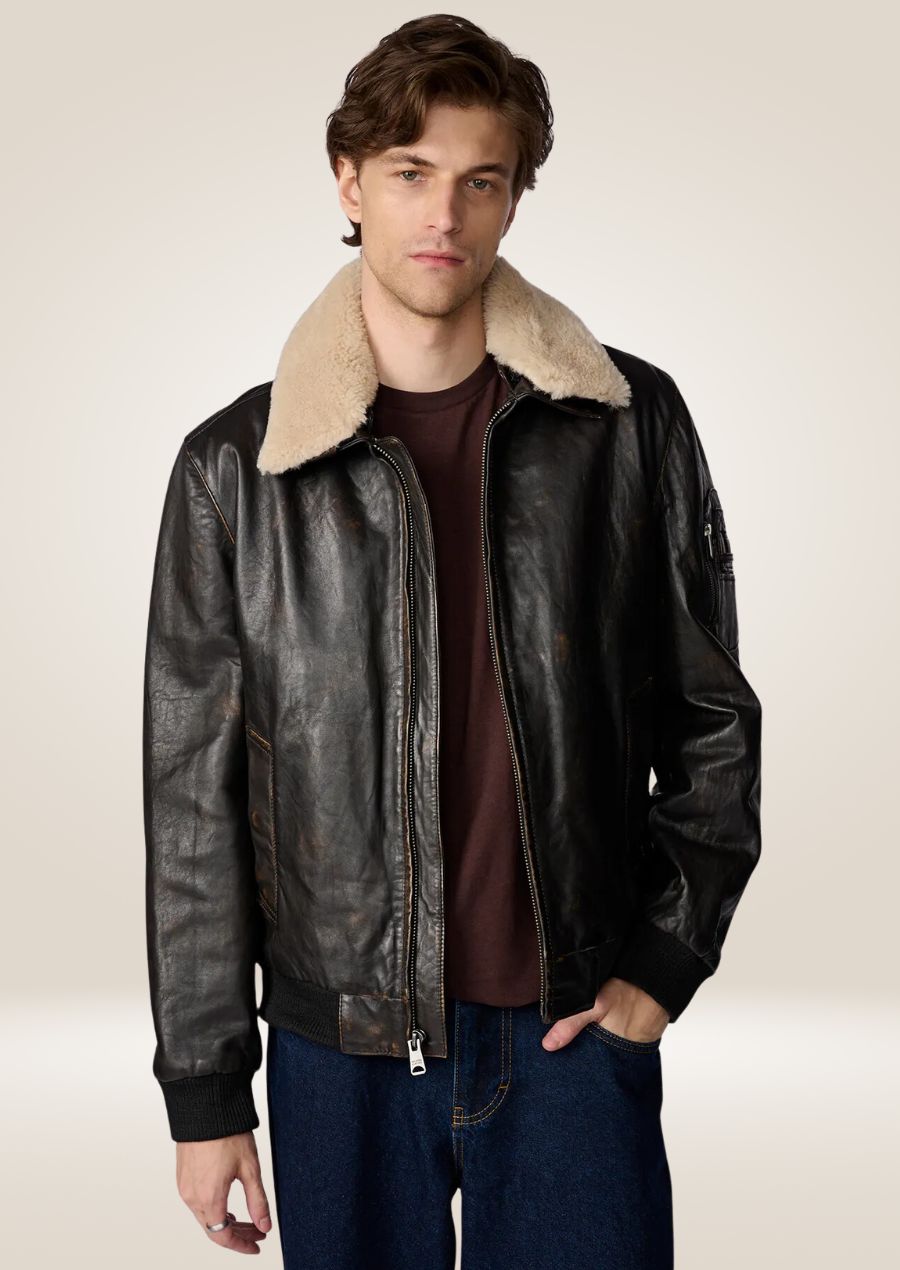 Brown Leather Bomber Jacket with Shearling Collar