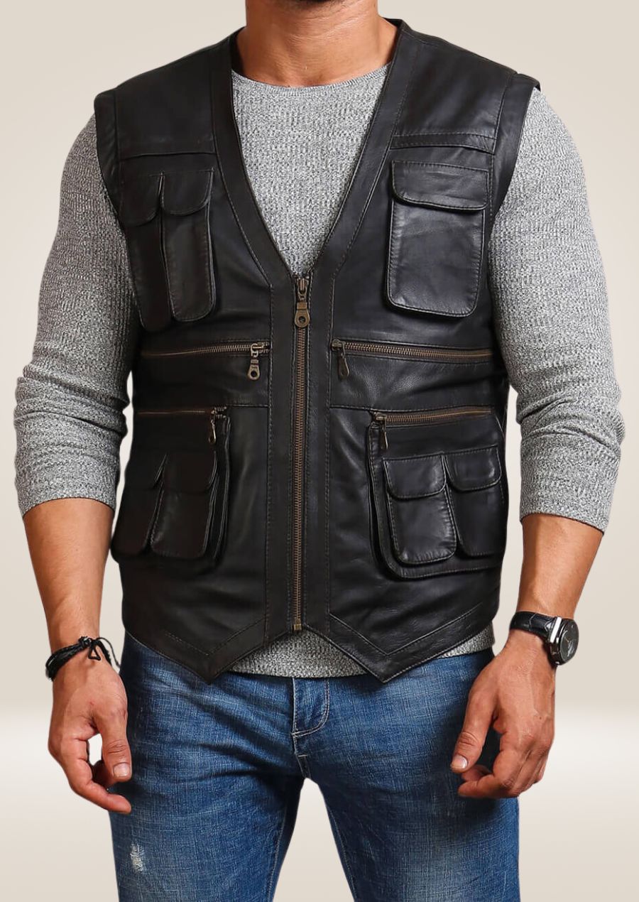 Men's Black Leather Biker Vest with Cargo Pockets