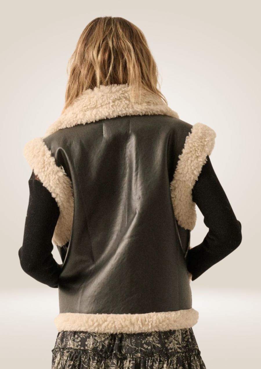 back side of Brown Women's Shearling Sleeveless Vest