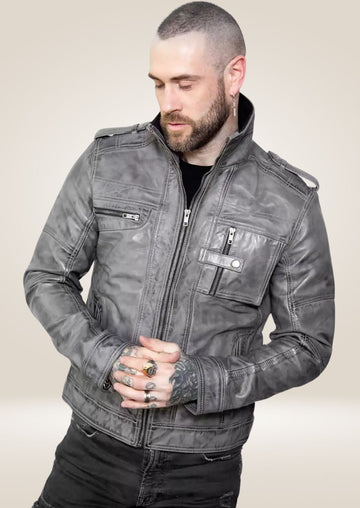 Men's Gray Distressed Perfecto Leather Jacket