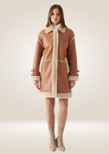 Women's Long Tan Leather Shearling Coat