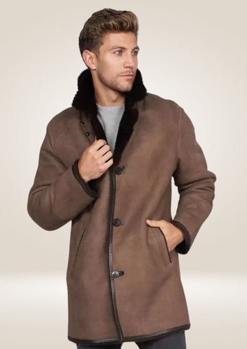 Brown Shearling Sheepskin Coat with Faux Fur Trim