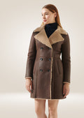 front pose of Women's Long Brown Leather Shearling Coat