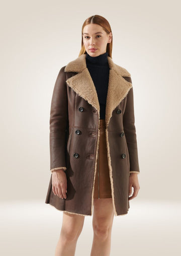 Women's Long Brown Leather Shearling Coat