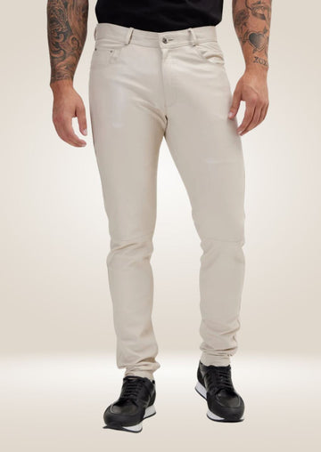 Men's Beige Leather Pants - Classic Neutral Style