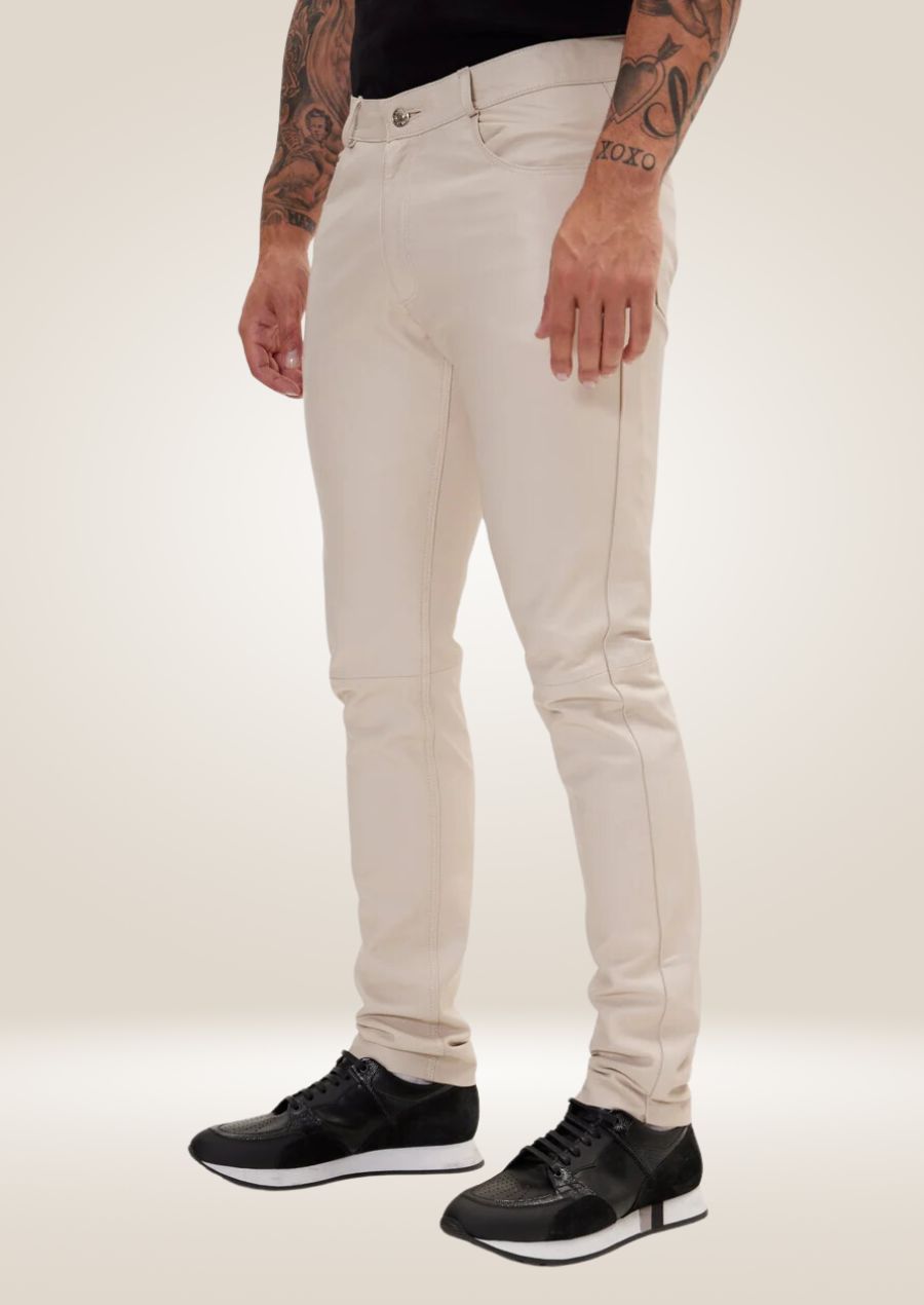 Men's Beige Leather Pants - Classic Neutral Style