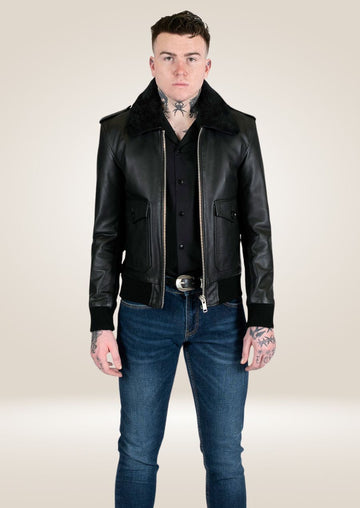 Men's Black Aviator Leather Jacket with Shearling Collar