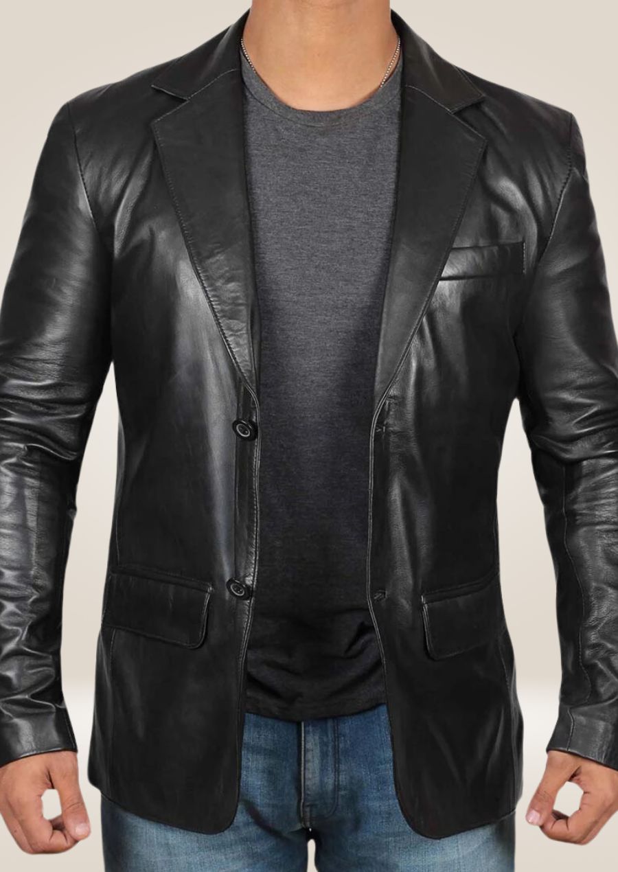 Men's black lambskin blazer with a tailored fit, offering a luxurious and timeless style perfect for any occasion.