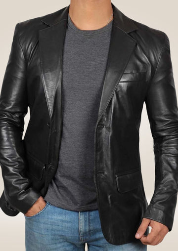 Men's black lambskin blazer with a tailored fit, offering a luxurious and timeless style perfect for any occasion.