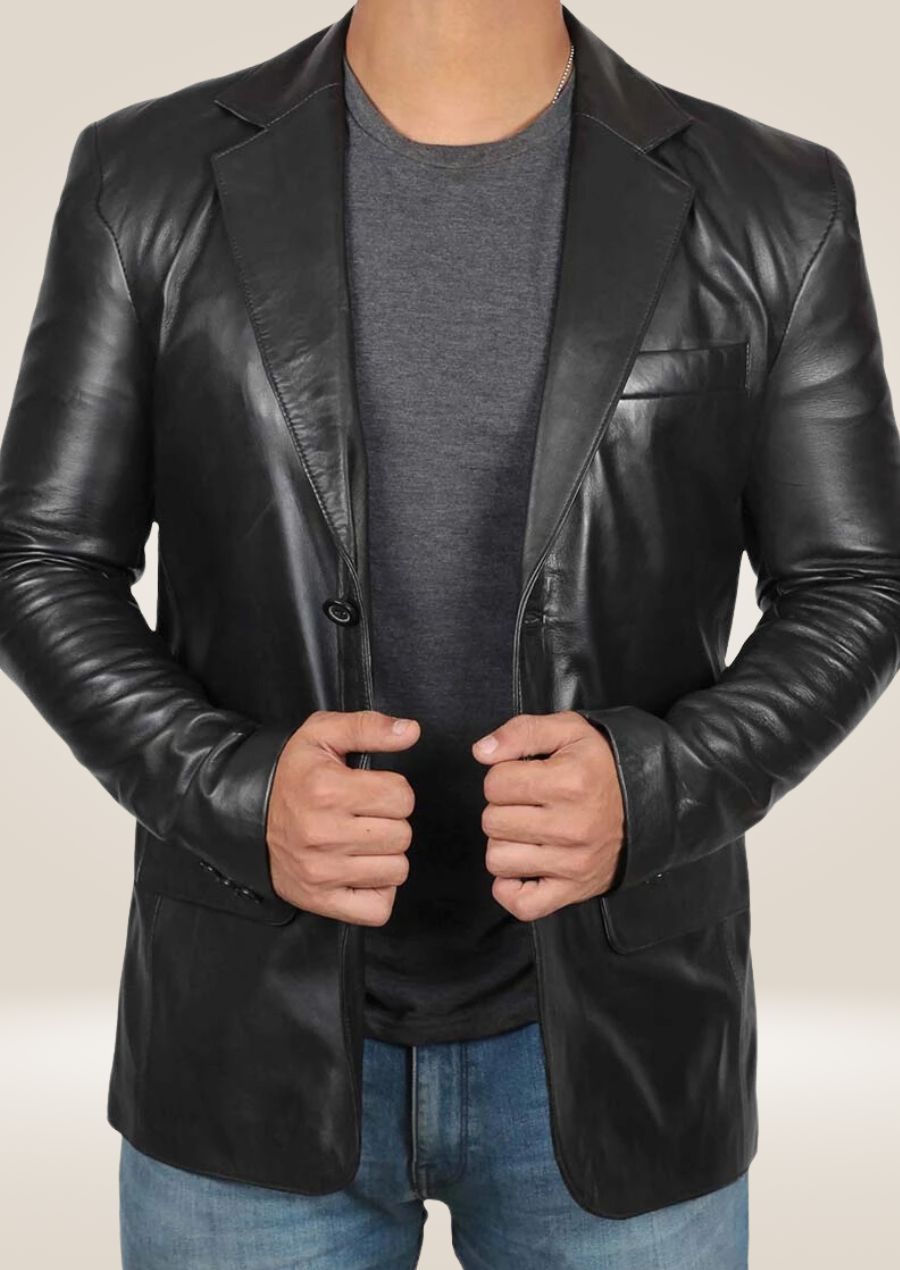 Model wearing the men's black lambskin blazer, showcasing its elegant and refined silhouette.