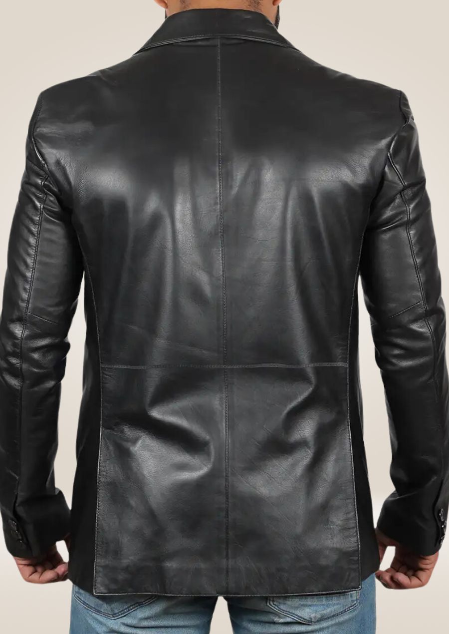 Back view of the men's black lambskin blazer, showing its smooth fit and elegant styling.