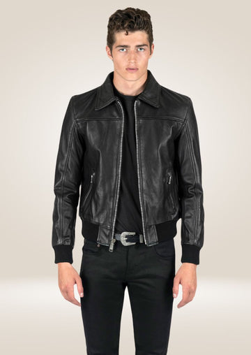 Men's Black Leather Jacket - Classic Zip-Up Design