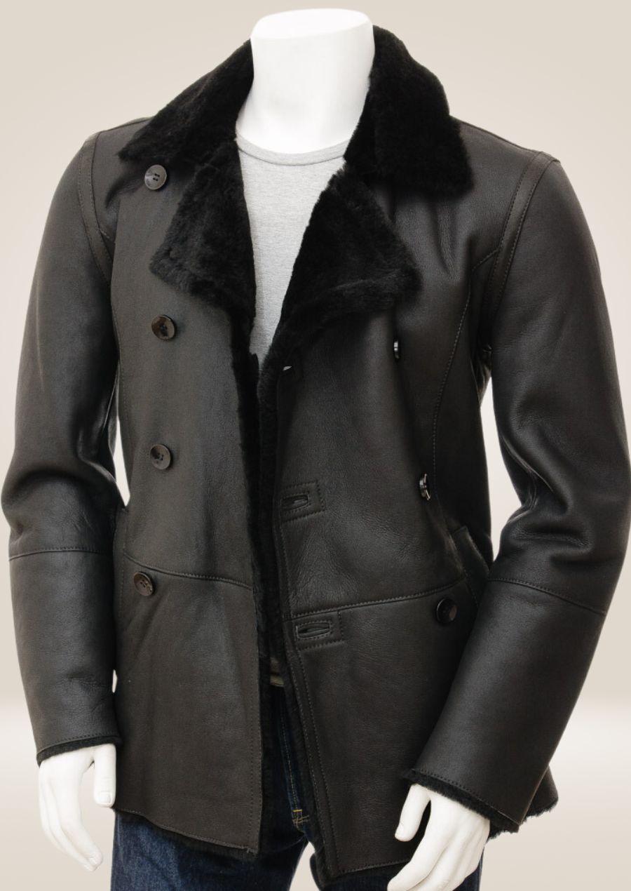 mens black leather pea coat