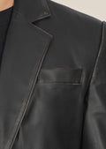 Detail of the buttons and stitching on the men's black two-button leather blazer, highlighting quality craftsmanship and sleek design.