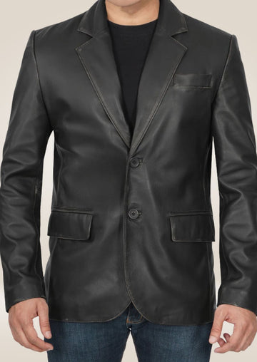 Men's black two-button leather blazer with a sleek, modern cut, offering a refined and stylish look.