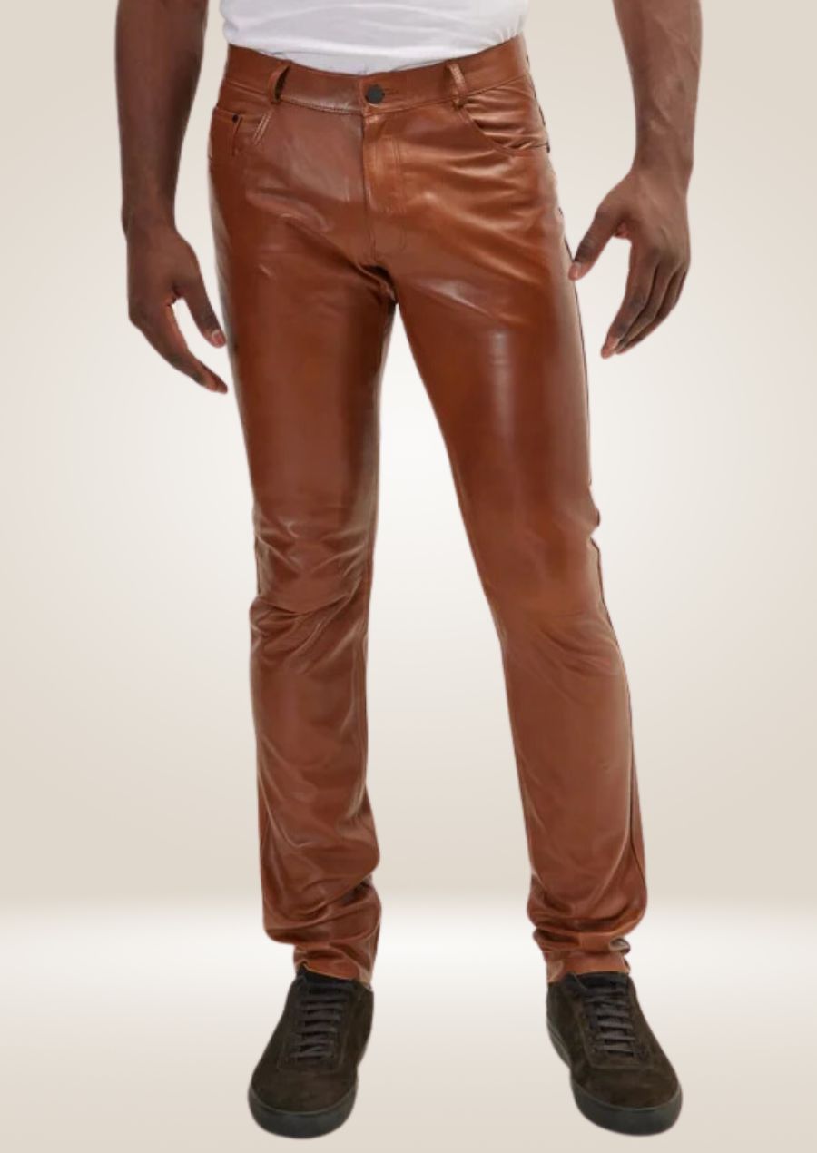 Men's Brown Genuine Lambskin Leather Pants - Luxurious Comfort