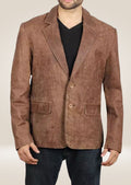 Men's brown leather blazer with a classic tailored fit, offering timeless elegance and refined style.