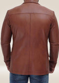 Back view of the men's brown leather two-button blazer, showcasing its clean lines and sophisticated.