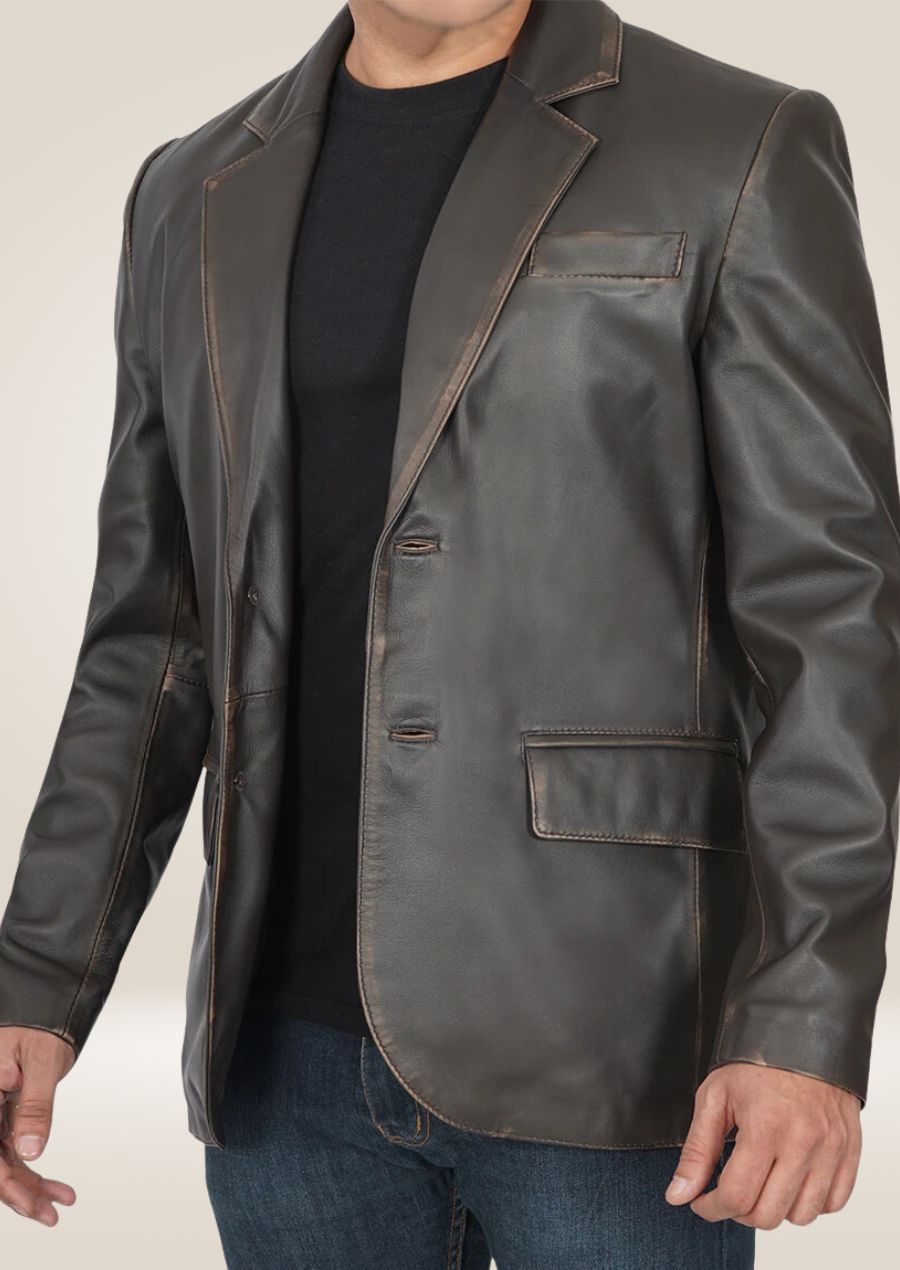 Men's dark brown distressed leather blazer with a rugged yet sophisticated design, offering a timeless look.