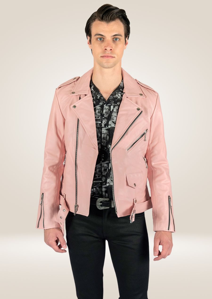 Men's Dusty Pink Biker Leather Jacket - Stylish Edge