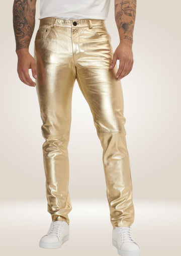 Men's Gold Leather Pants - Daring Metallic Style