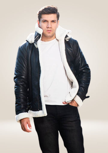 Men's Hooded Black Shearling Leather Jacket