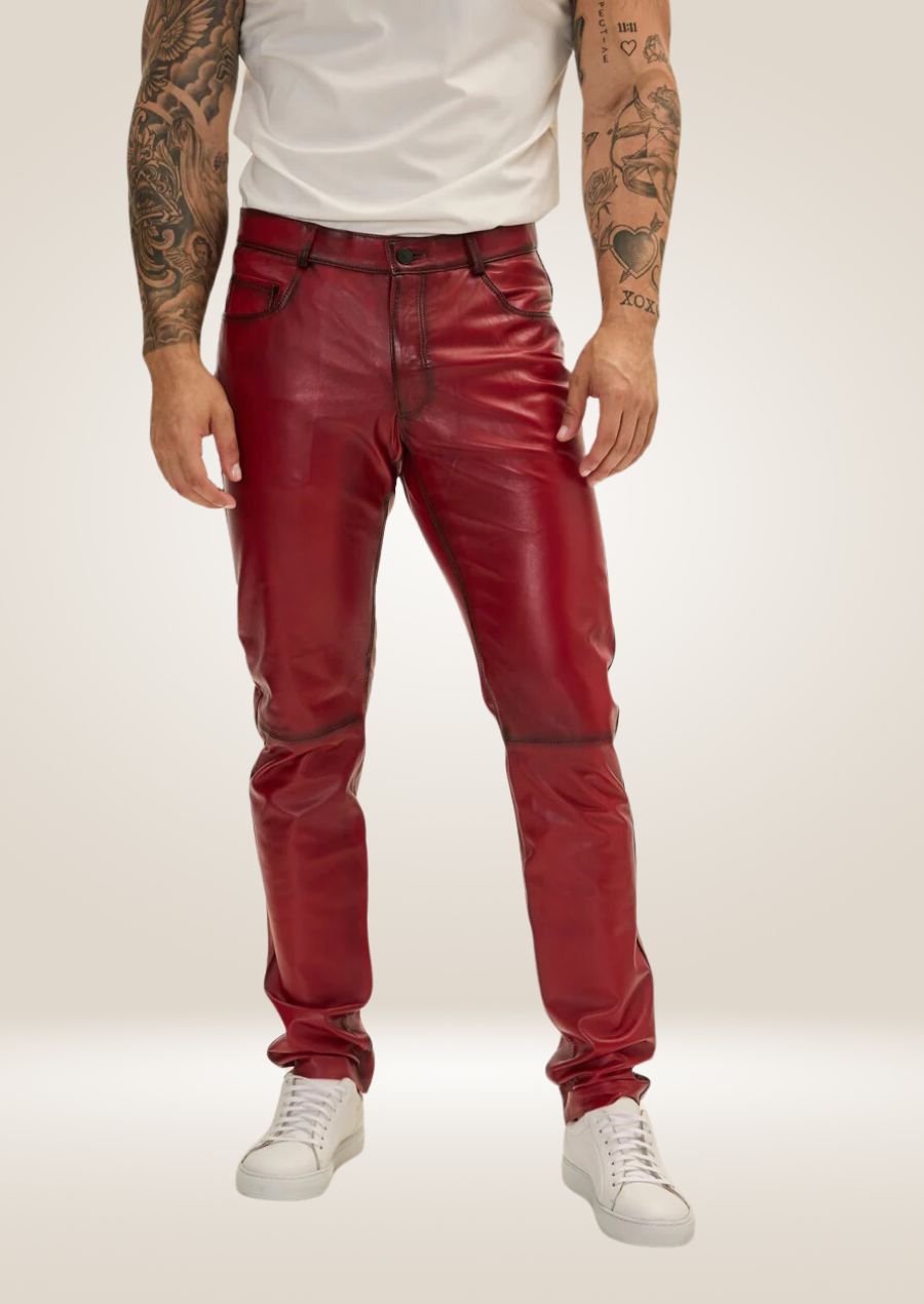 Men's Red Distressed Leather Pants - Rugged and Bold Style