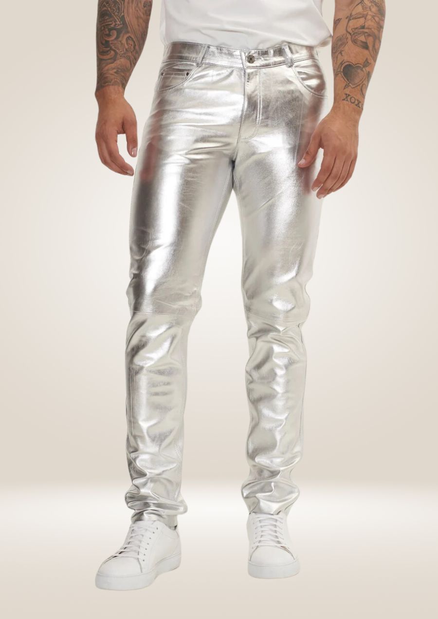 Men's Silver Leather Pants - Bold Metallic Style