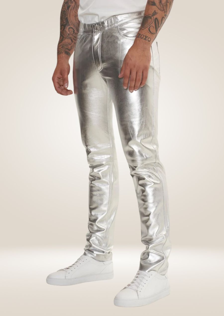 Men's Silver Leather Pants - Bold Metallic Style