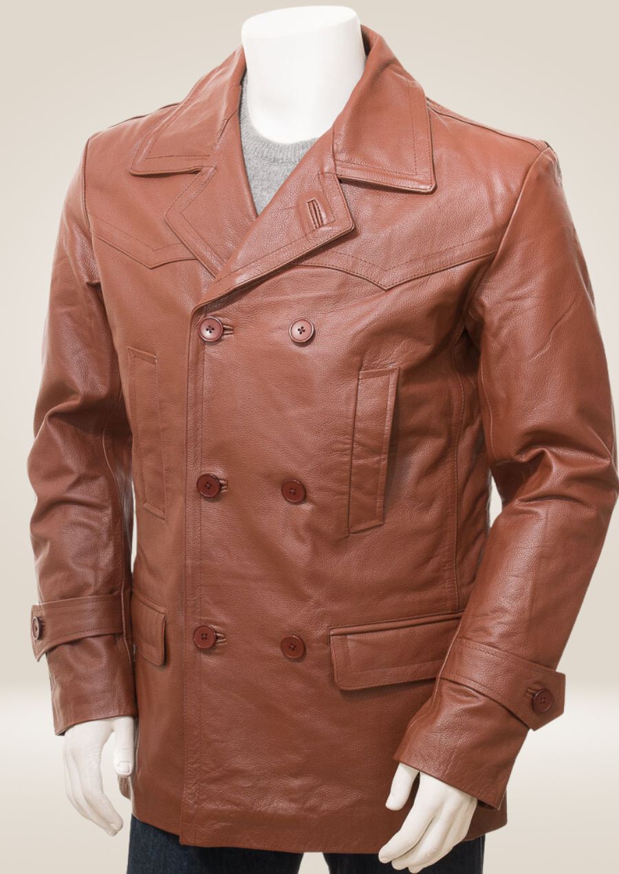 Men's tan pea coat with a classic double-breasted front, offering a refined and sophisticated look.