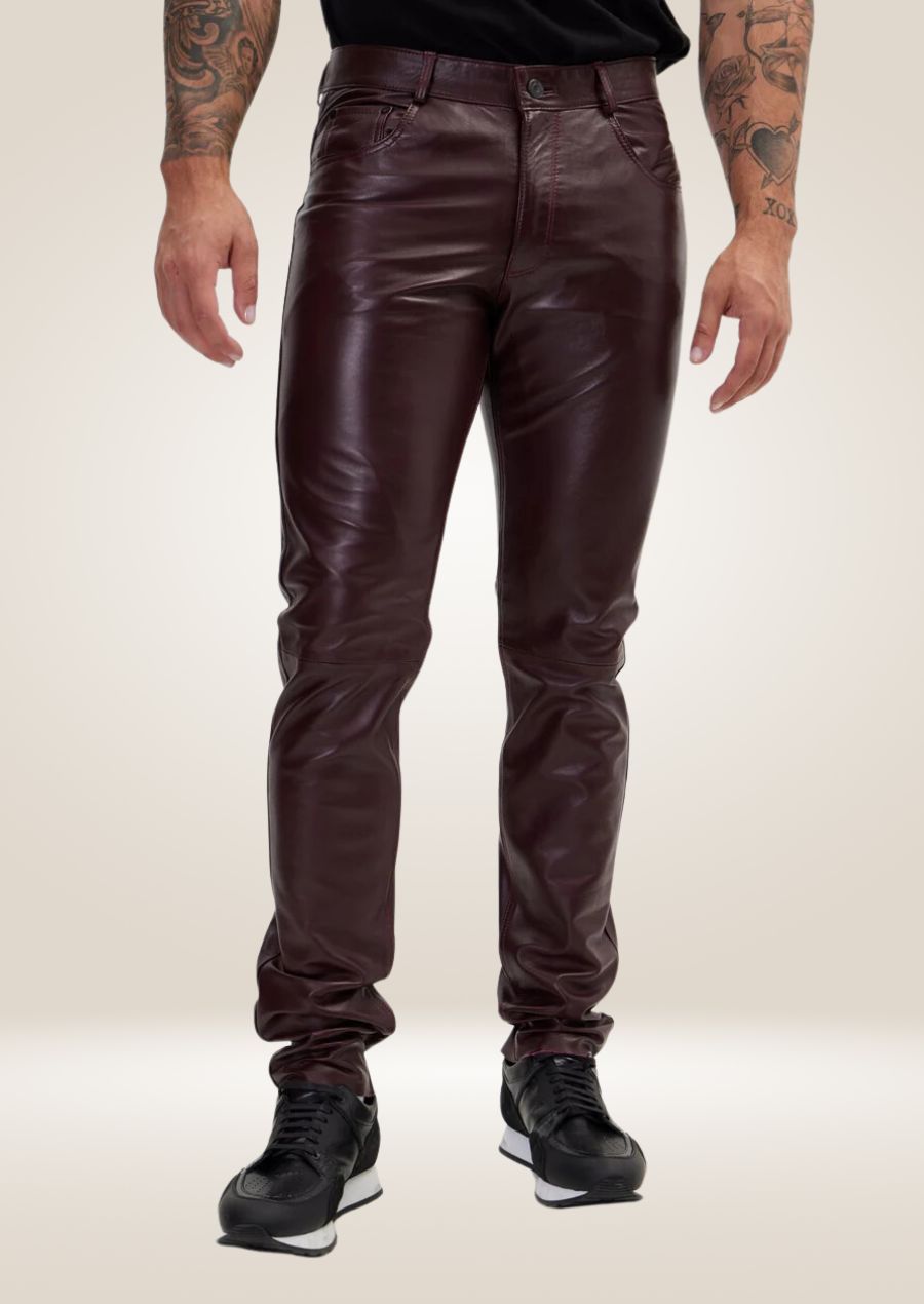 Men's Wine Leather Pants - Rich and Sophisticated Style