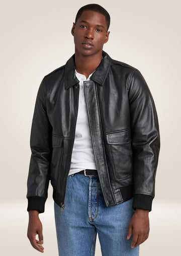 Men’s Black Leather Jacket - Concealed Button & Full Zip